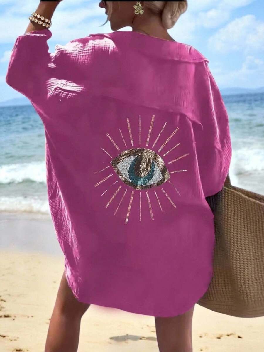 Women's Vacation Casual Sequin Eye Loose Fit Blouse - Hot Pink - View 1