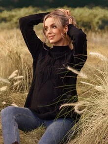 SHEIN Maternity Twist Cable Pattern Raglan Sleeve Casual Versatile Sweater - Black - View 3