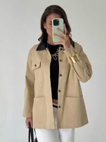 Aloruh Women's Casual Commuter Contrast Collar Regular Jacket In Fall/Winter - Khaki - View 7