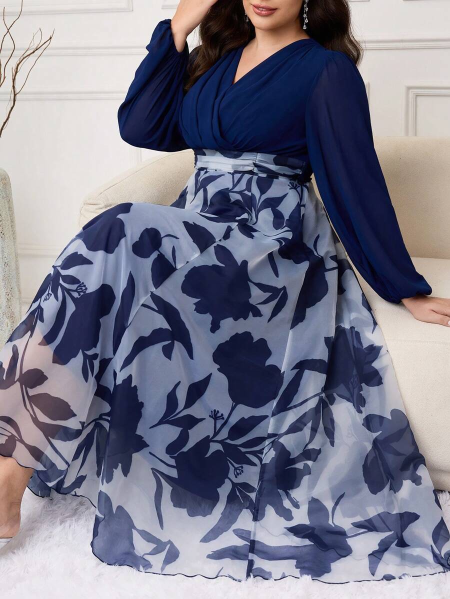 Modelyn Plus Size Elegant Floral Print Patchwork Dress - Navy Blue - View 1