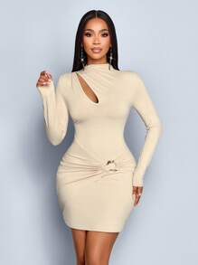 SOLERSUN 秋冬女装 派对 通勤 杏色 针织面料 长袖 小高领 立领 抽褶 百褶 胸部镂空 金属纽扣装饰 紧身性感 包臀小连衣裙 - 杏色 - 查看 4