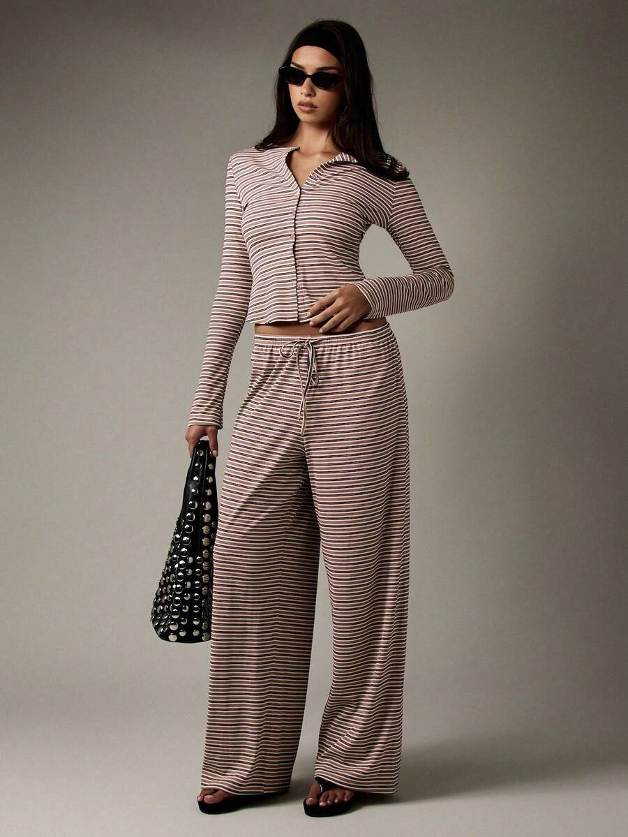 MISSGUIDED Retro Style Ribbed Two Piece Button Down Lounge Set Long Sleeve Crop Top Wide Leg Pants Drawstring Waist Fall Winter Casual Co Ord Set - Pink - View 1