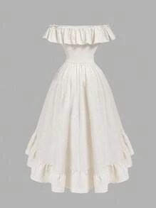 SHEIN MOD Plus Size Black Velvet Asymmetrical Hem Tie Waist Dress, Jacquard Waistband, Vintage Palace Style, Suitable For Graduation Season, Summer - Beige - View 3