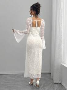 SHEIN Solid Color Lace Long Flare Sleeve Square Neck A-Line Fitted Maternity Dress - White - View 1