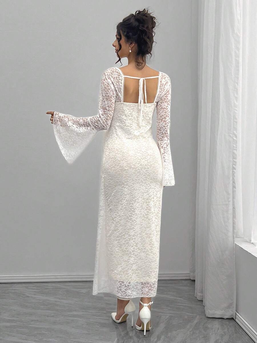 SHEIN Solid Color Lace Long Flare Sleeve Square Neck A-Line Fitted Maternity Dress - White - View 1