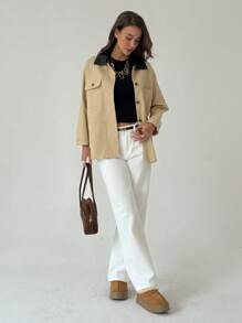 Aloruh Women's Casual Commuter Contrast Collar Regular Jacket In Fall/Winter - Khaki - View 6