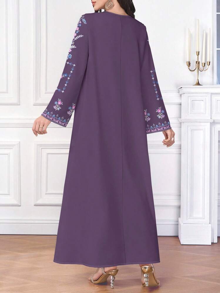 SHEIN Najma 复古优雅花卉印花休闲女式阿拉伯风格V领连衣裙 - 彩色 - 查看 2