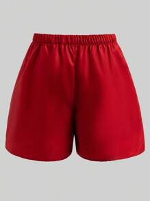 SHEIN 3 件套青少年女孩时尚运动装 - 黑色条纹复古字母印花宽松夹克衬衫、白色修身吊带背心、黄色短裤套装 - 酒紅色 - 查看 6