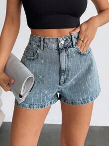 EURMUSE High Waist Rhinestone Deocr Denim Shorts Womens Shorts Women S Outfits  Work Outfits For Women Womens Petite - Light Wash - View 4