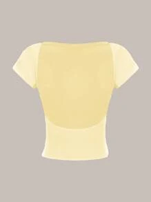 SHEIN EZwear Cream Yellow Casual Minimalist Pattern Round Neck Tight Backless Hollow Out Women T-Shirt, Suitable For Summer - Yellow - View 2