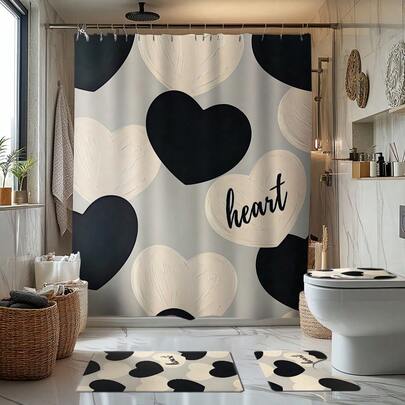 SHEIN 1/4 件黑白爱心主题浴室浴帘套装、浴室垫、U 型马桶垫、马桶座套、防水浴帘浴室装饰、时尚门帘遮阳帘、现代风格浴室隔断帘、无需钻孔、涤纶、可机洗