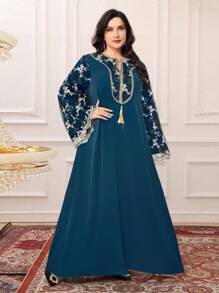 Al Najma Plus Size Women Elegant Embroidered Patchwork Arabian Long Dress,Modest - Teal Blue - View 6