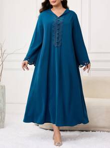 Al Najma 大码女式优雅纯色蕾丝拼布喇叭袖连帽阿拉伯风格连衣裙 - 水鴨藍 - 查看 5