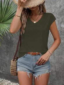 SHEIN LUNE Solid Batwing Sleeve Tee - Army Green - View 6