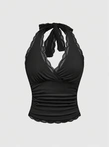 ROMWE Grunge Punk Top senza schienale con halter e bordo in pizzo per donne taglie forti - nero - Visualizzare 1