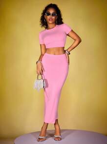 INAWLY Solva Solid Slim Fit Crop Top And Skirt Set - Pink - View 3