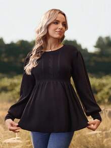 SHEIN Solid Color Cable Knit Ruffle Hem Maternity Sweater - Black - View 4