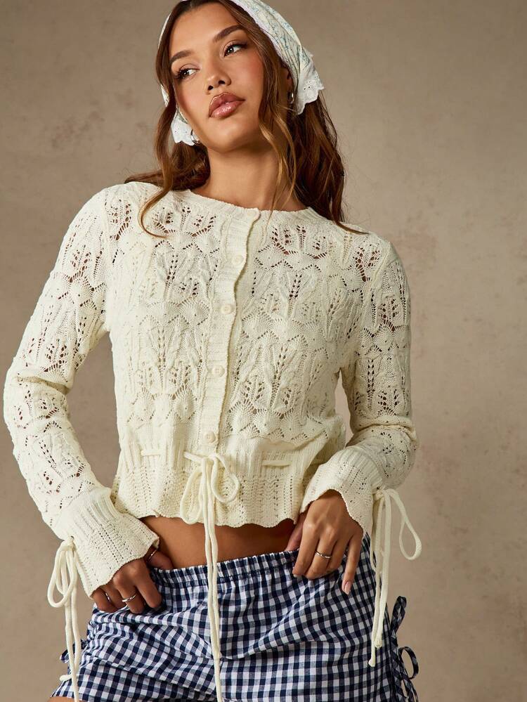 MISSGUIDED Vintage Stil gestrickter Strickjacken-Pullover mit langen Ärmeln, Knopfleiste, Kordelzug, Spitzenmuster für Herbst, Winter, Feiertage, Lässig, Alltag, Preppy Cottage Core Ästhetik