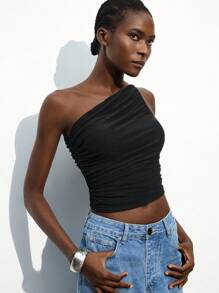 Maija New Asymmetrical Cut Asymmetric Shoulder Design Ruched Women Blouse, Spring/Summer - Black - View 6