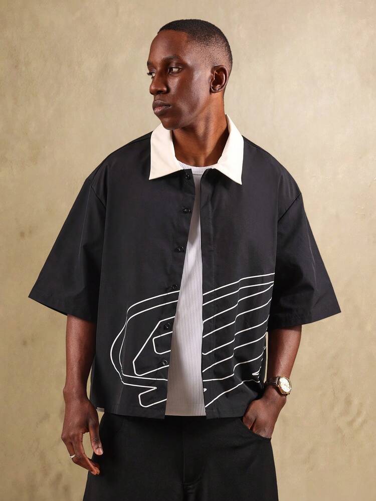 Boxy Fit Button Up Shirt With Contrast Collar And Line Print