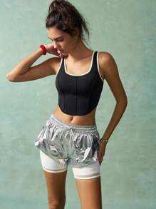 VARSIVA Women Contrast Trim Sports T-Shirt & Tank Top, Fashionable For Summer Padded Sports Bra Sports Bra With Padding Black And White Sports Bra Double Layer Sports Bra Workout Top - Black and White - View 7