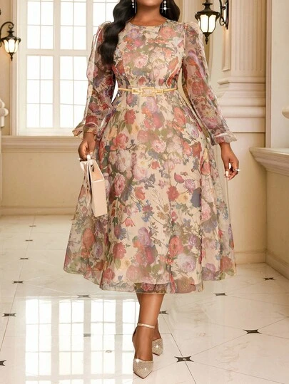 Fleurora Vestido de manga larga con cuello redondo y estampado floral para tallas grandes