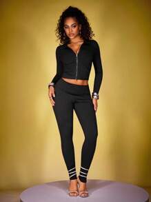 INAWLY 2pcs Solid Color Zip-Up Jacket & Fitted Leggings Set For Women, Autumn Fall Cloth For Women - Black - View 3