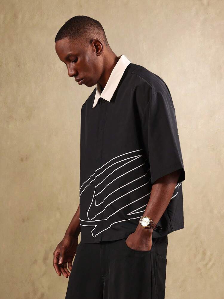Boxy Fit Button Up Shirt With Contrast Collar And Line Print