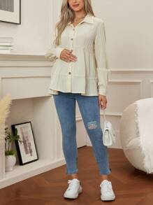 SHEIN Solid Color Long Sleeve Ruffle Hem Casual Maternity Shirt - Apricot - View 8