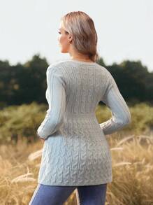 SHEIN Pull de maternité à manches longues en tricot câblé froncé de couleur unie - Gris - Voir 2