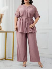 Modelyn Plus Size Women's Contrast Lace Short Sleeve Button Up Top And Pants Arabian Style Suit