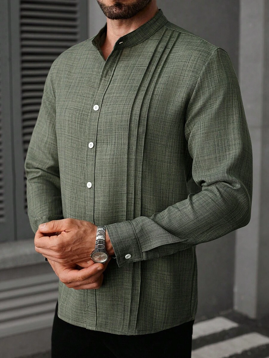 Manfinity Homme Áo sơ mi nam tay dài màu trơn giản dị, họa tiết đơn giản, nhăn, họa tiết trơn, túi vá đôi, nhẹ nhàng, trưởng thành, cài nút khi đi làm, mùa thu - xanh quân đội - Xem 1