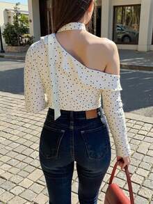 INAWLY Blusa feminina branca francesa romântica vintage com bolinhas e gola assimétrica - Multicolorido - Ver 2