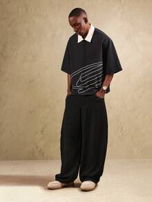 SUMWON Áo sơ mi cài nút Boxy Fit Casual có cổ trắng tương phản, họa tiết đồ họa đặc trưng, tay ngắn, phong cách đường phố, thời trang mùa hè - màu đen - Xem 4