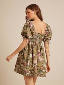 WESTFADE 花卉印花 100% 纯棉府绸甜心领蝴蝶结泡泡袖迷你娃娃裙秋季返校服装乡村音乐会服装 - 彩色 - 查看 2