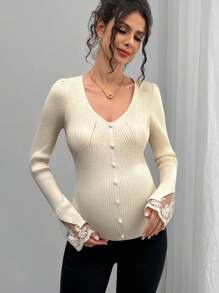 Momance V-Neck Pearl Button Lace Patchwork Knit Sweater Top, Fashionable Layering Piece For Women, Autumn/Winter - Apricot - View 4