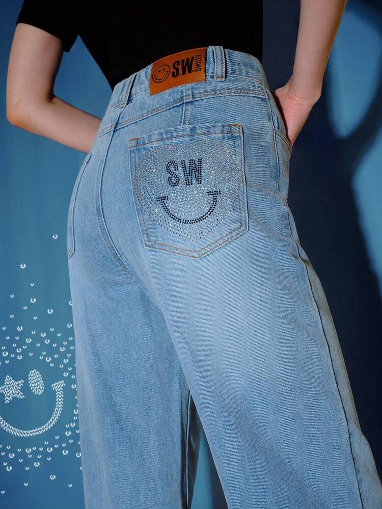S.W.Smiley x MOTF RHINESTONE DETAIL RAW EDGE STRAIGHT LEG JEANS