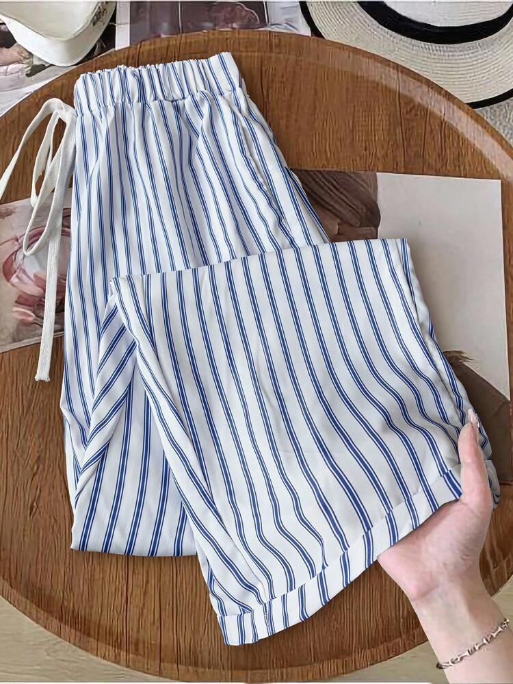Plus Size Women's Vacation Decorative Cord Elastic Waistband Pockets Reversed Foot Striped Pants, Spring For Women
