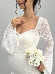 SHEIN Solid Color Lace Long Flare Sleeve Square Neck A-Line Fitted Maternity Dress - White - View 6