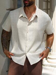 Manfinity Homme Plus Size Men's Single-Breasted Casual/Business Short Sleeve Shirt