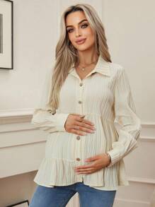 SHEIN Solid Color Long Sleeve Ruffle Hem Casual Maternity Shirt - Apricot - View 5
