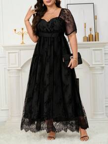 Reflora 大码优雅派对纯色蕾丝连衣裙 - 黑色 - 查看 2