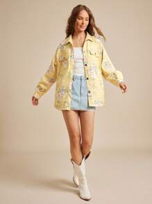 WESTFADE 花卉印花领口纽扣前长袖超大牛仔夹克秋季、秋季、冬季、波西米亚风、可爱、西部风女装，纳什维尔乡村音乐会 - 黃色 - 查看 3