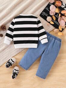 2pcs Baby Boy Autumn/Winter Outfit, Cute Striped Sweatshirt Pullover Knit Top And Jeans/Casual Pants Set, Comfortable Versatile Fashionable Casual Everyday Wear, Suitable For Indoor, Outdoor, Daily, Sports, Play, Party, Photo Shoot, Holiday Baby Boy Black And White Striped Shirt Baby Boy Jeans Baby Boy Streetwear Baby Boy Outfit Fall