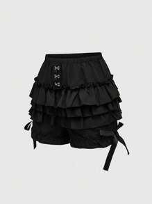 ROMWE Quần short bí ngô Gothic dễ thương 3 lớp viền bèo nhún cho nữ cỡ lớn có nơ trang trí - màu đen - Xem 6