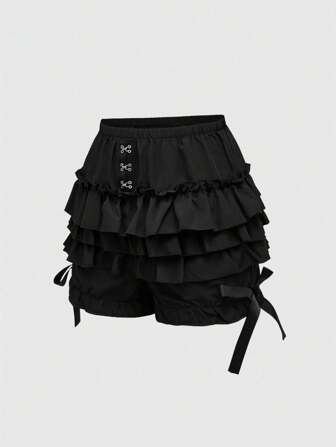 Goth Short femme grande taille gothique mignon, avec 3 couches de volants à l'ourlet et nœud décoratif, en forme de citrouille