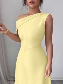 Modelyn Women's Yellow Asymmetrical Neck Waist Fitted Dress, Elegant - Yellow - View 1
