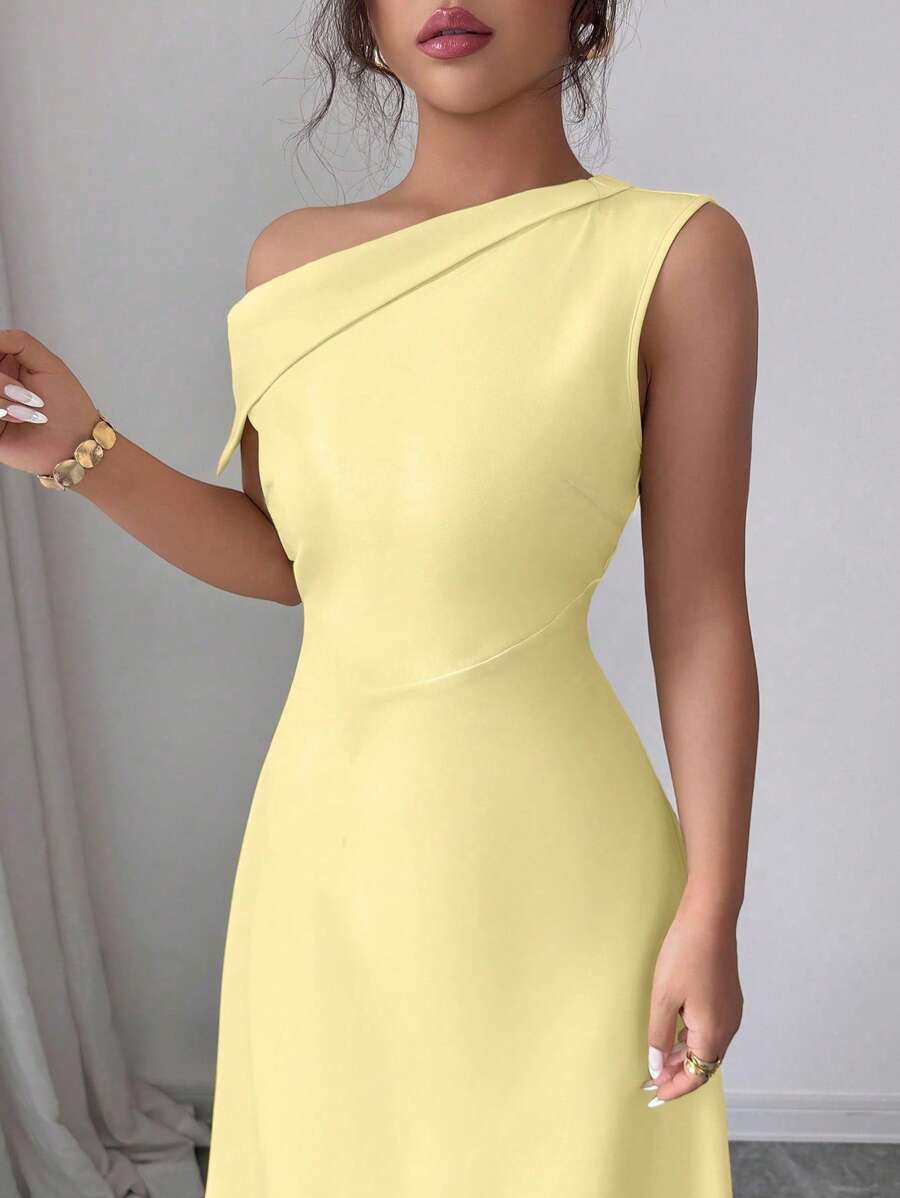 Modelyn Women's Yellow Asymmetrical Neck Waist Fitted Dress, Elegant - Yellow - View 1