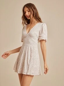 WESTFADE Floral Textured Woven V Neck Puff Sleeve Fit & Flare Mini Dress Fall Back To School Country Concert Outfit - Pink - View 1