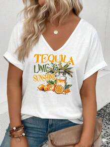 INAWLY Plus Size Women Casual V-Neck Short Sleeve Popular Fruit Element Print T-Shirt - White - View 1